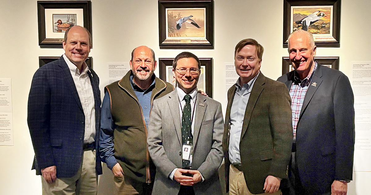 (From left) Rich Smith, DU chief development officer; Richie Prager; Dr. Daniel Ksepka, Bruce Museum curator of science; Adam Putnam, Ducks Unlimited CEO; and John Cushman, DU director of development, enjoy the exhibit Conservation Through the Arts: Celebrating the Federal Duck Stamp, which was made possible by Prager’s generosity.